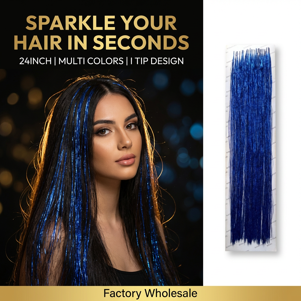 I Tip Hair Tinsel Extensions 24 Inch | Glitter Hair Strands Wholesale Supplier